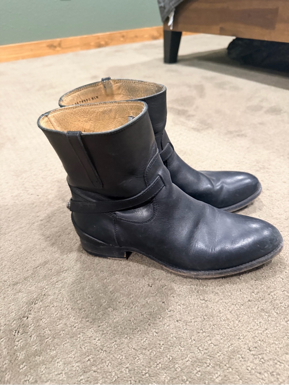 FRYE AND CO. Black Leather Short Harness Ankle Boots